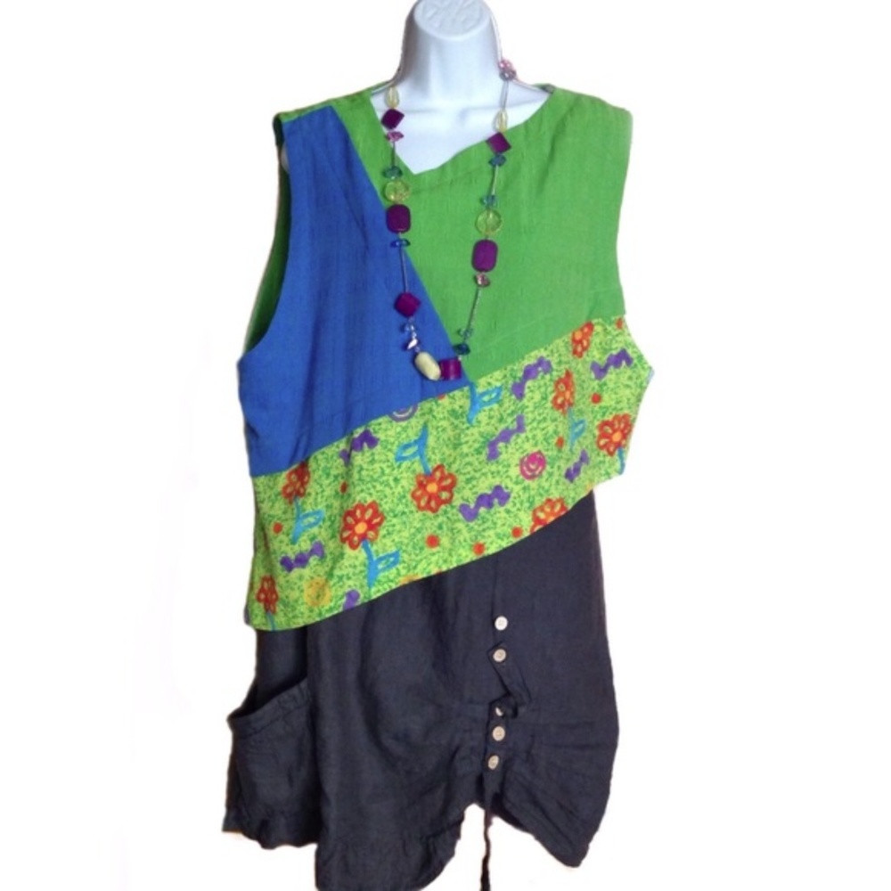 Asymmetrical Mixed Material Boho Lagenlook Top - Picture 1 of 5